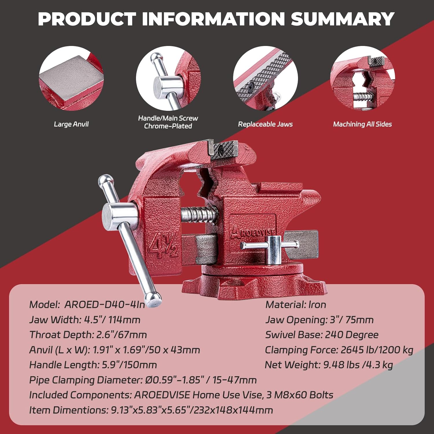 4-1/2" Bench Vise, 3" Jaw Opening, 2,645 lbs Clamping Force, Cast Iron Home Vise with 240° Swivel Base, Anvil & Multi-Jaw Design for Woodworking, Drilling & DIY