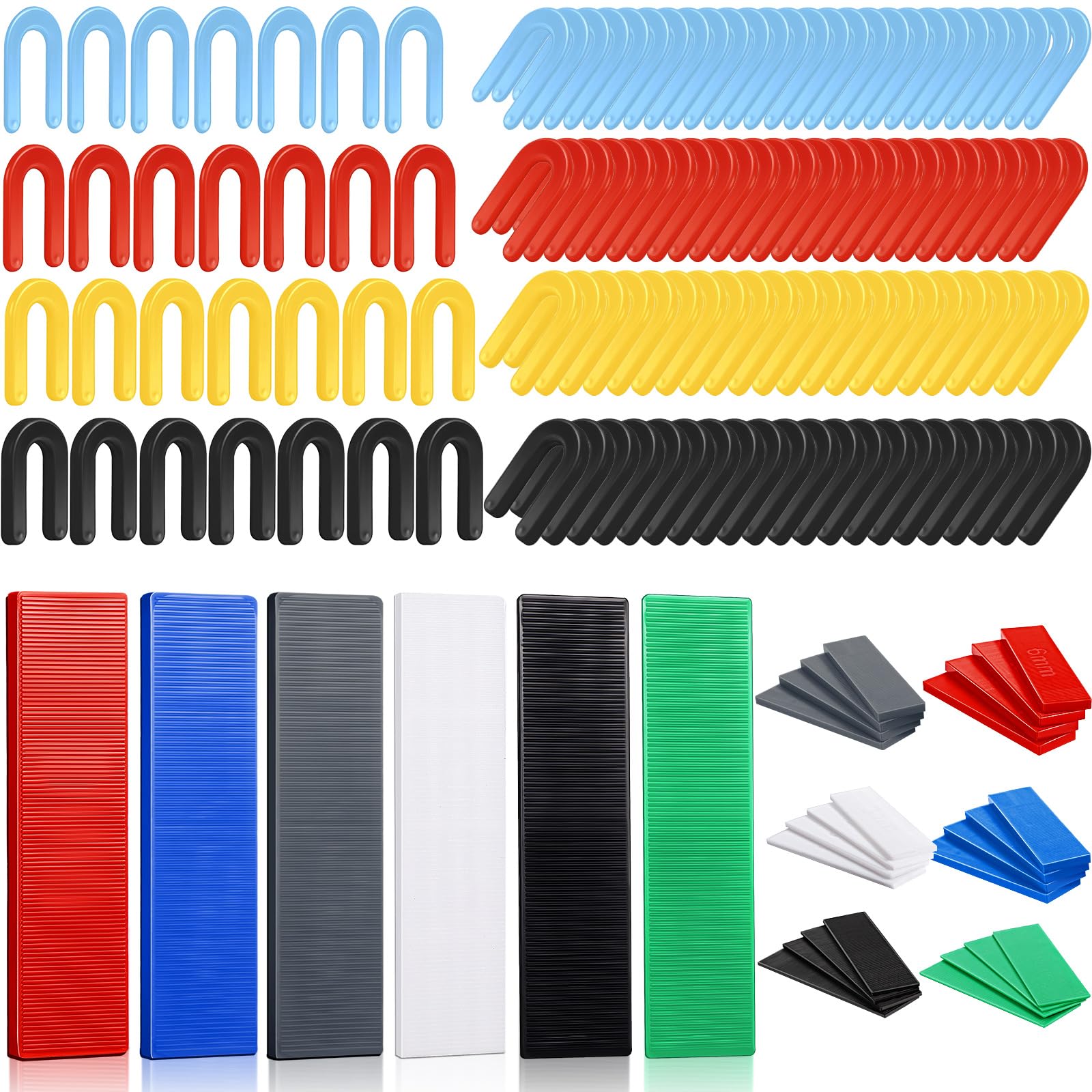 300 Pcs Plastic Shims Structural Tile Plastic Flat Shims and U Shaped Horseshoe Plastic Shims for Leveling, 1/4'', 3/16'', 1/8'', 1/16'', 3/64'', 5/64'', 1/8, 5/32'', 13/64'', 15/64''