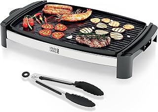 LEBENLANG Plancha cocina electrica 2000W - Incl. Pinzas para parrilla I 45x30cm I Plancha electrica para cocinar XXL interior & exterior I Grelhador electrico Planchas de asar Grill eléctrica cocina