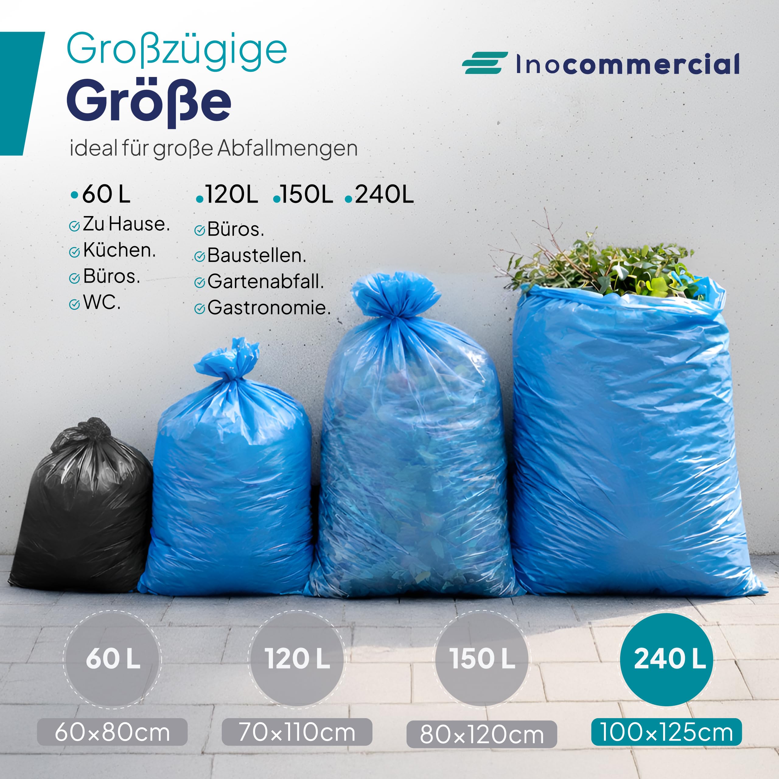 Inoverse 100 pezzi (10 rotoli) sacchi della spazzatura 240 litri, resistenti agli strappi, sacchi della spazzatura, 100 x 125 cm, sacchetti della spazzatura blu in LDPE riciclato