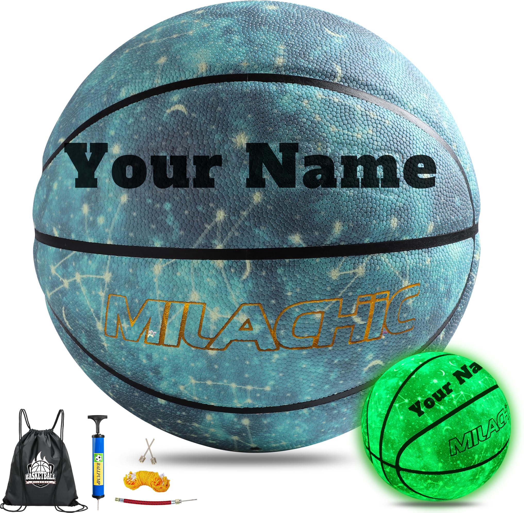 Personalisierbarer Basketball Mit Namen – Leuchtet Im Dunkeln, In Größe 5, 6 Oder 7, Inkl. Pumpe, Nadeln Und Tragetasche