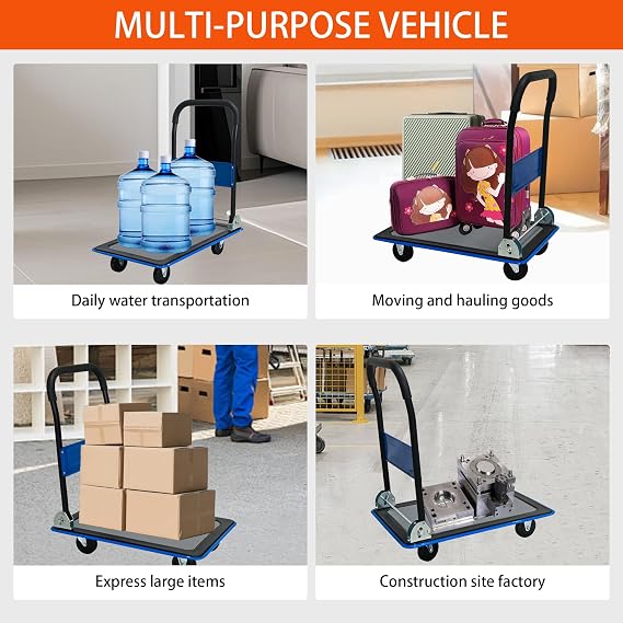 Moving Platform Hand Truck 330LB.Foldable Push Cart Dolly with 360 Degree Swivel Wheels.Space Saving Dolly Cart for Easy Storage.Collapsible Rolling Tool Cart.Flatbed Cart (Blue, 330LB-II)