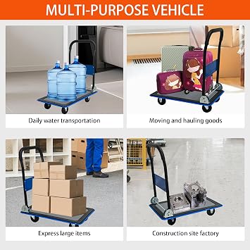 Moving Platform Hand Truck 330LB.Foldable Push Cart Dolly with 360 Degree Swivel Wheels.Space Saving Dolly Cart for Easy Storage.Collapsible Rolling Tool Cart.Flatbed Cart (Blue, 330LB-II)