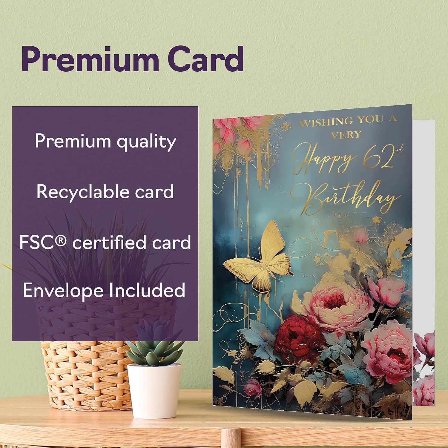 Beautiful Gold 62nd Birthday Cards for Women Men - Wonderful Golden Butterfly - Elegant Traditional Pretty Birthday Card for 62 Year Old Woman Man Her Him, 5x7 Inch Gorgeous Greeting Cards Gift