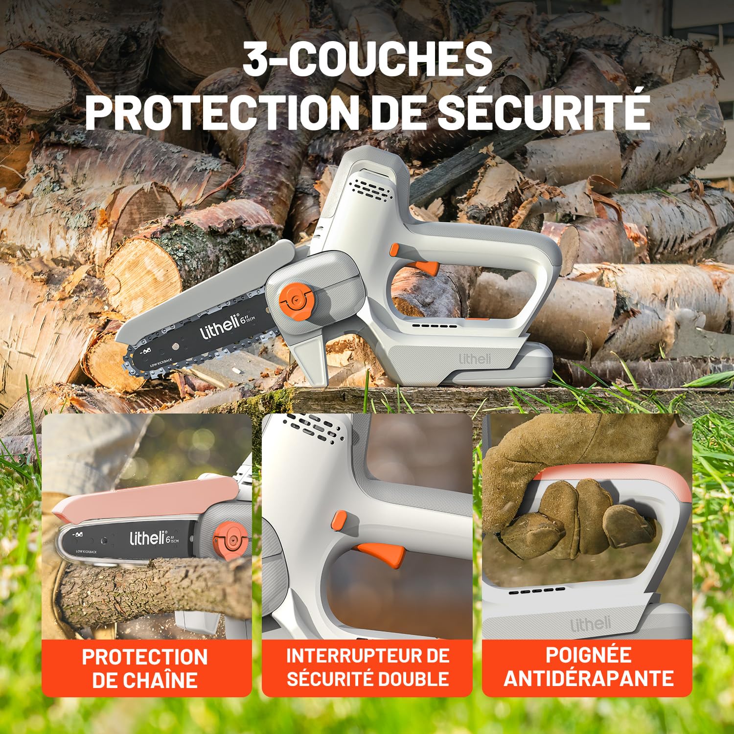 Litheli Mini Tronçonneuse à Batterie 10000 mAh, 20V, 6 Pouces Tronconneuse Electrique Sans Fil, Tension de Chaîne Réglable, Verrouillage Sécurité, Élagueuse, Petite Tronçonneuse pour Bois et Branches