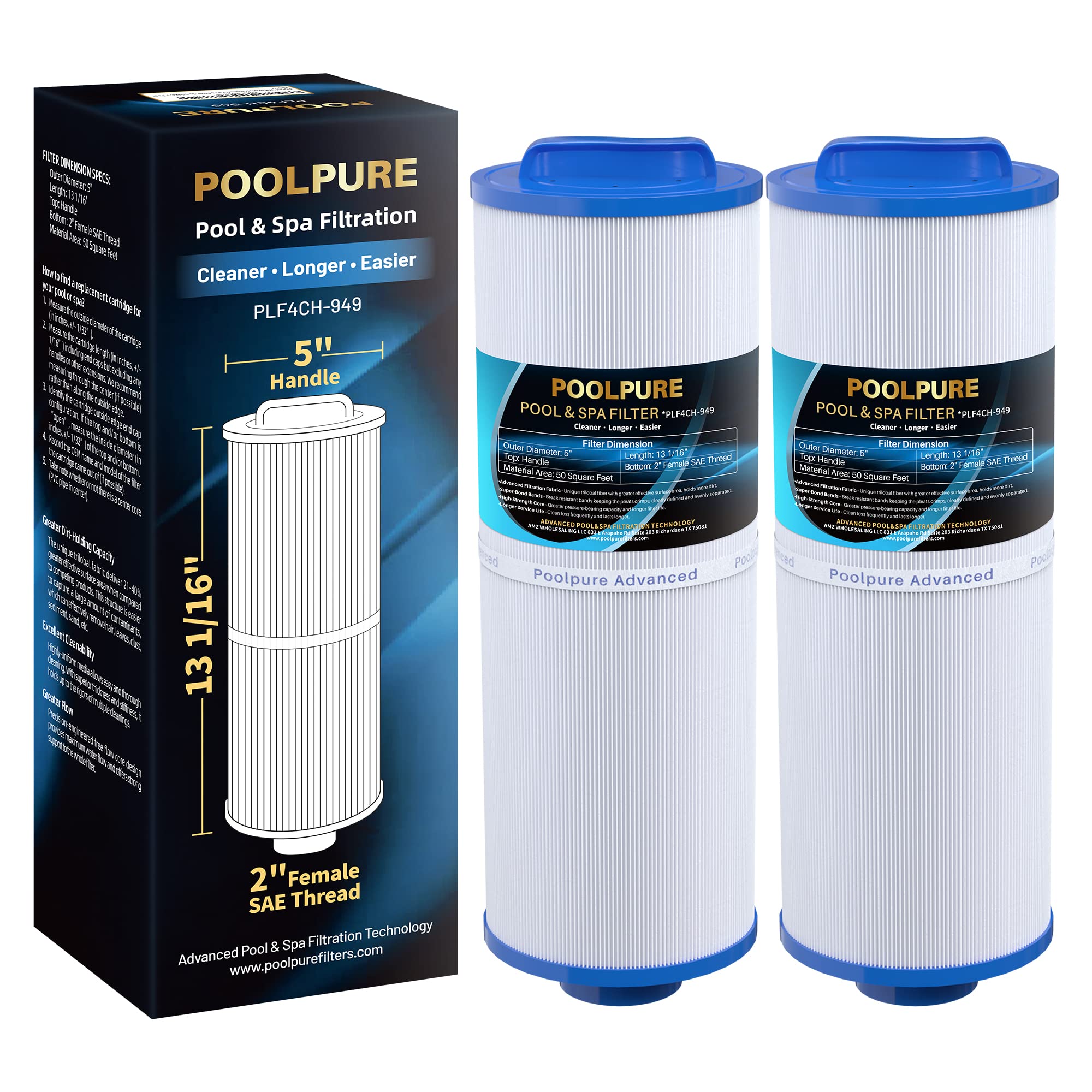 POOLPURE Spa Filter Replacement for Filter FD2007 Compatible with PWW50L 4CH-949 FC-0172, SD-01143, Rising Dragon 50, Waterway Teleweir 50 sqft Filter Cartridge 2 Pack
