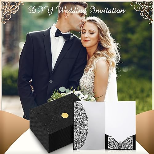 Miniatura 5 de Juego de 100 invitaciones de boda cortadas con láser de 5 x 7 con sobres y calcomanías de sello de cera, tarjetas de invitación de boda de bolsillo,