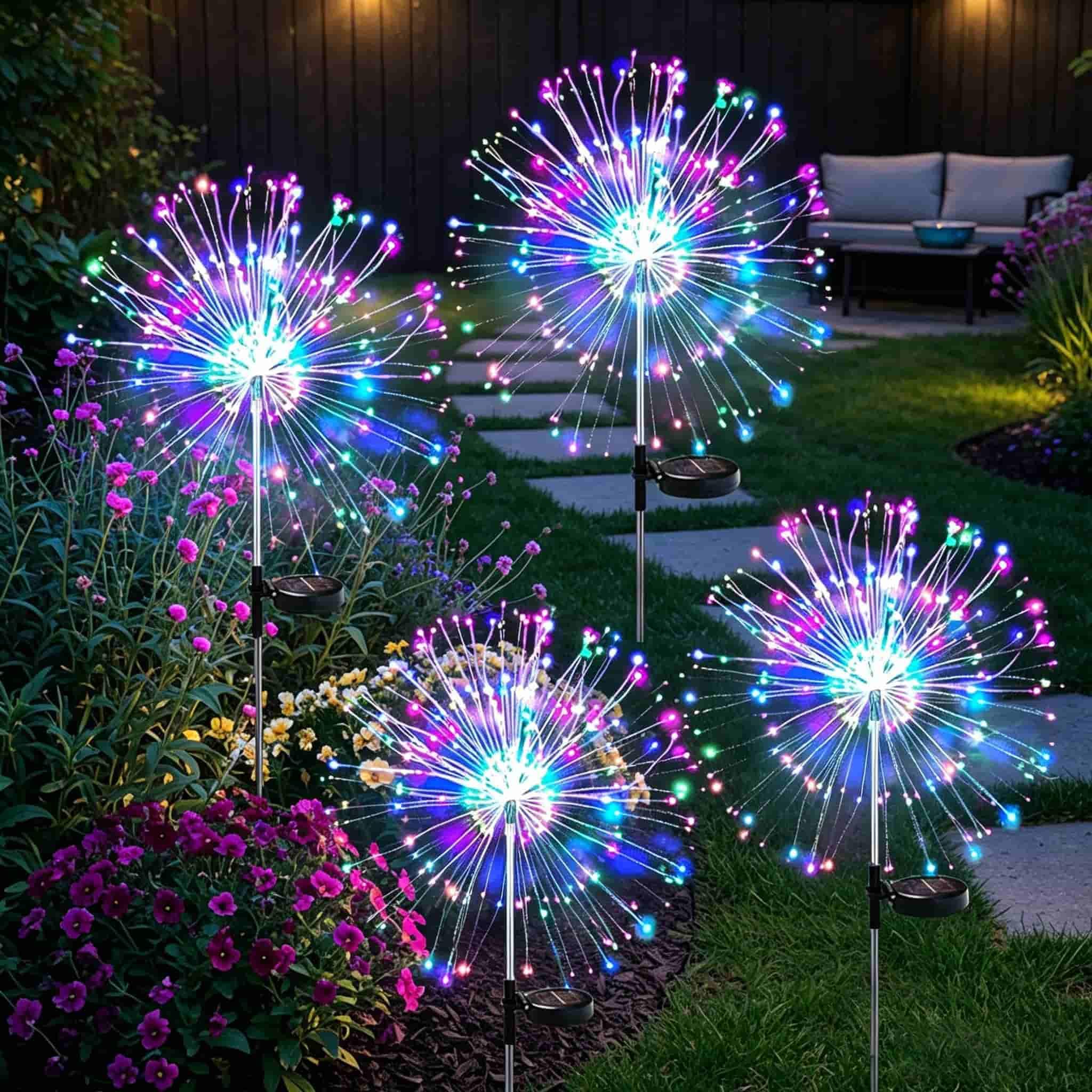 Dyuee Colorful Solar Firework Lights Outdoor 4Packs Starburst Garden Lighting 150Leds Dandelion Garden Stake Lights 8 Modes Ip65 Waterproof Decorative Solar Lighting For Yard Patio Wedding Lawn Party (Colorful)