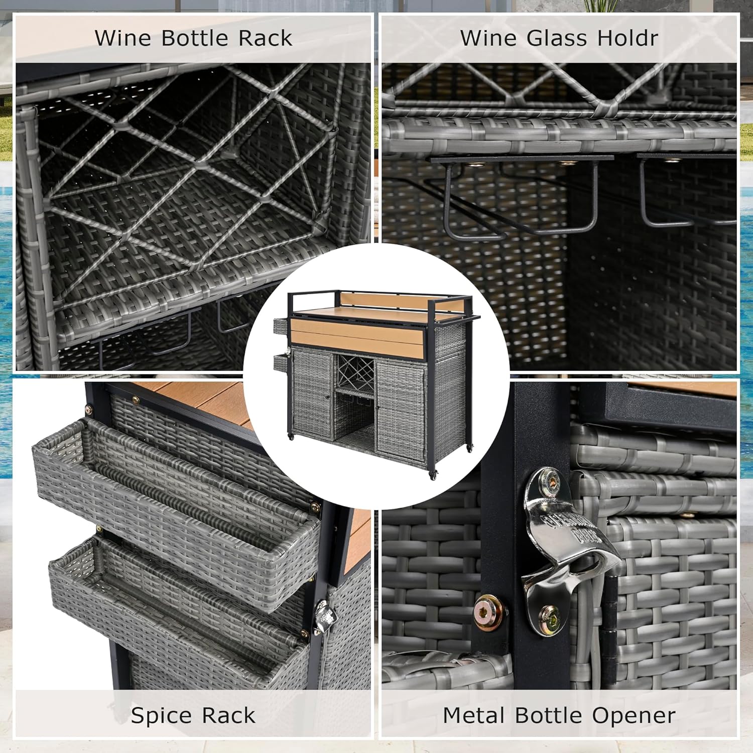 LUMISOLOutdoor Wicker Grill Cart with Extended Plastic Wood Table Top, Outdoor Rolling Kitchen Cart with Storage Cabinet, 52.8" W Kitchen Island on Wheels for Backyard Garden, Double Handle, Grey