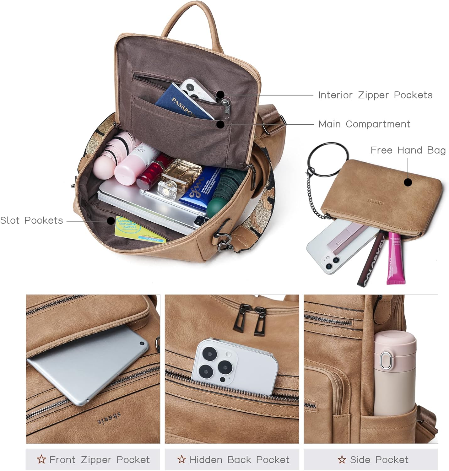 Shrrie Backpack Purse for Women Leather Backpack Fashion Designer Travel Backpack Convertible Shoulder Bag - Image 4