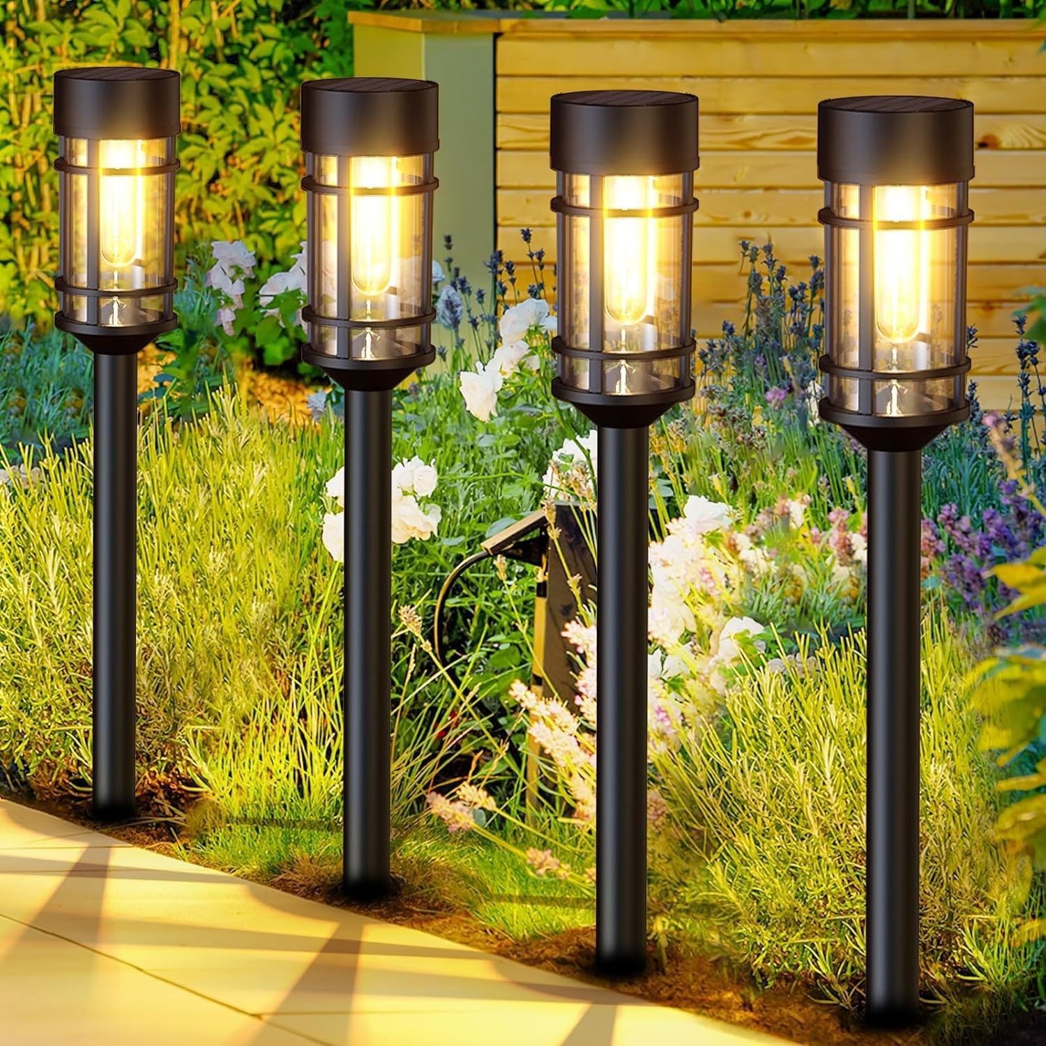 enjoydeal LED Solar Lights,Auto On/Off Outdoor Garden Solar Stake Lights, Warm White Patio Pathway Landscape Lamp for Yard Lawn Pathway (4,Black（Round ）)