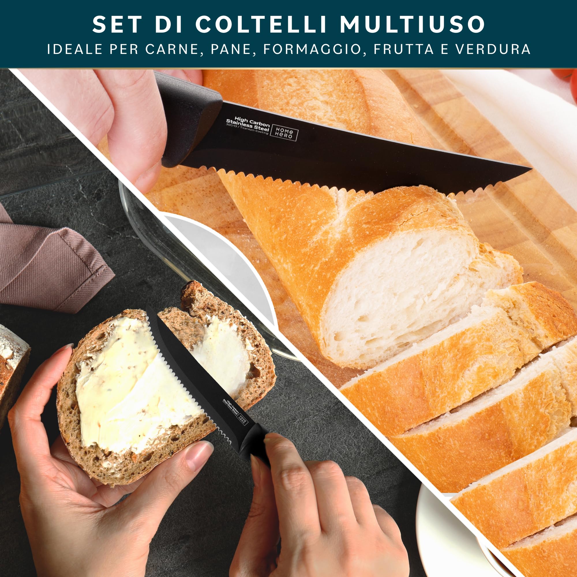 Home Hero Set di 12 coltelli da bistecca, lame in acciaio inox ad alto tenore di carbonio, coltelli seghettati affilati come rasoi - manici ergonomici neri - 12 pezzi, nero