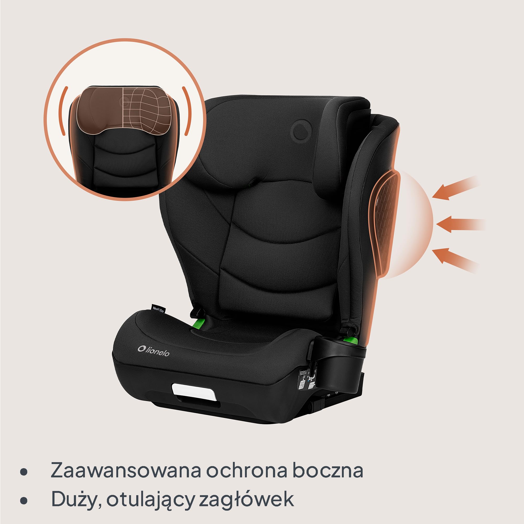 LIONELO NEAL I-SIZE fotelik dziecięcy, grupa 2 3, od 100 do 150 cm od ok. 3 do 12 lat, mocowanie ISOFIX lub bez pasków, regulowany zagłówek, ochrona boczna, podłokietniki standardowe R129