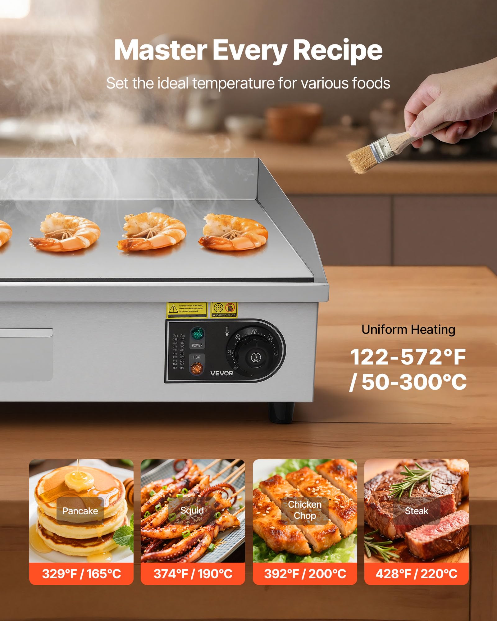 VEVOR Plancha Électrique 72,5x40 cm, Plaque à Snacker 4400 W, pour Barbecue Restaurant Snack-Bar, Plaque de Cuisson de Comptoir en Inox, Température Réglable 50-300 °C, Surface Mi-rainurée Mi-plate