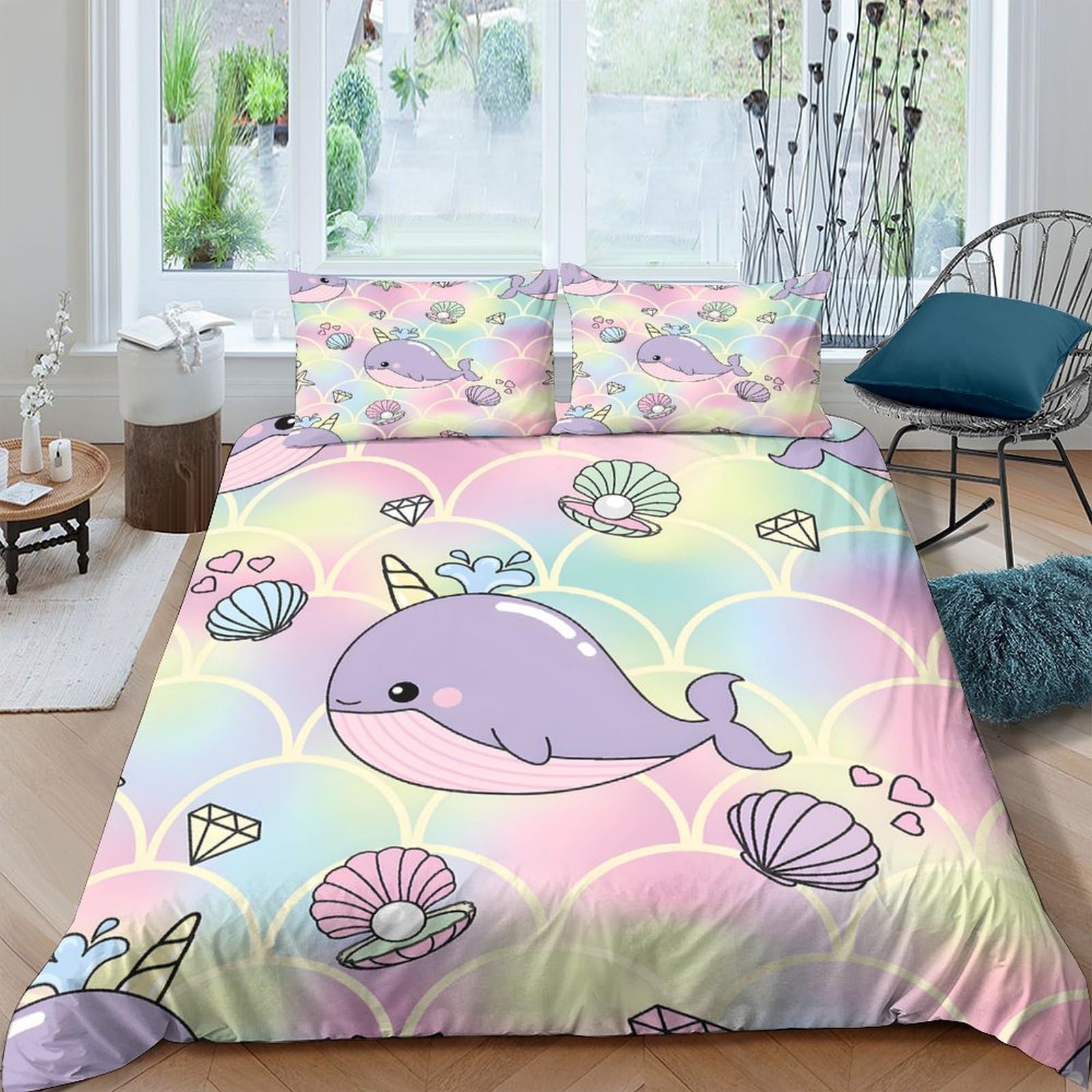 Ctjqhvkz Style-7 3D Printed Pastel Narwhal Fitted Sheet Microfiber Soft Shells Mattress Cover For Bedroom Guest Room Easy Care Decor Single（135X200cm）
