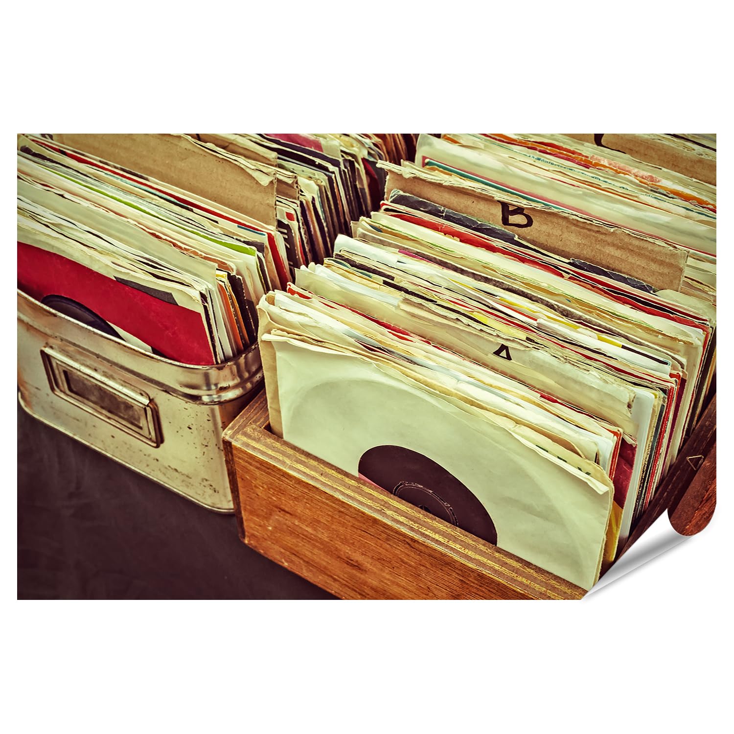 islandburner Prime, poster XXL, collezione di vecchi dischi in vinile, scatole di legno e metallo, vintage, di alta qualità, stampa fotografica