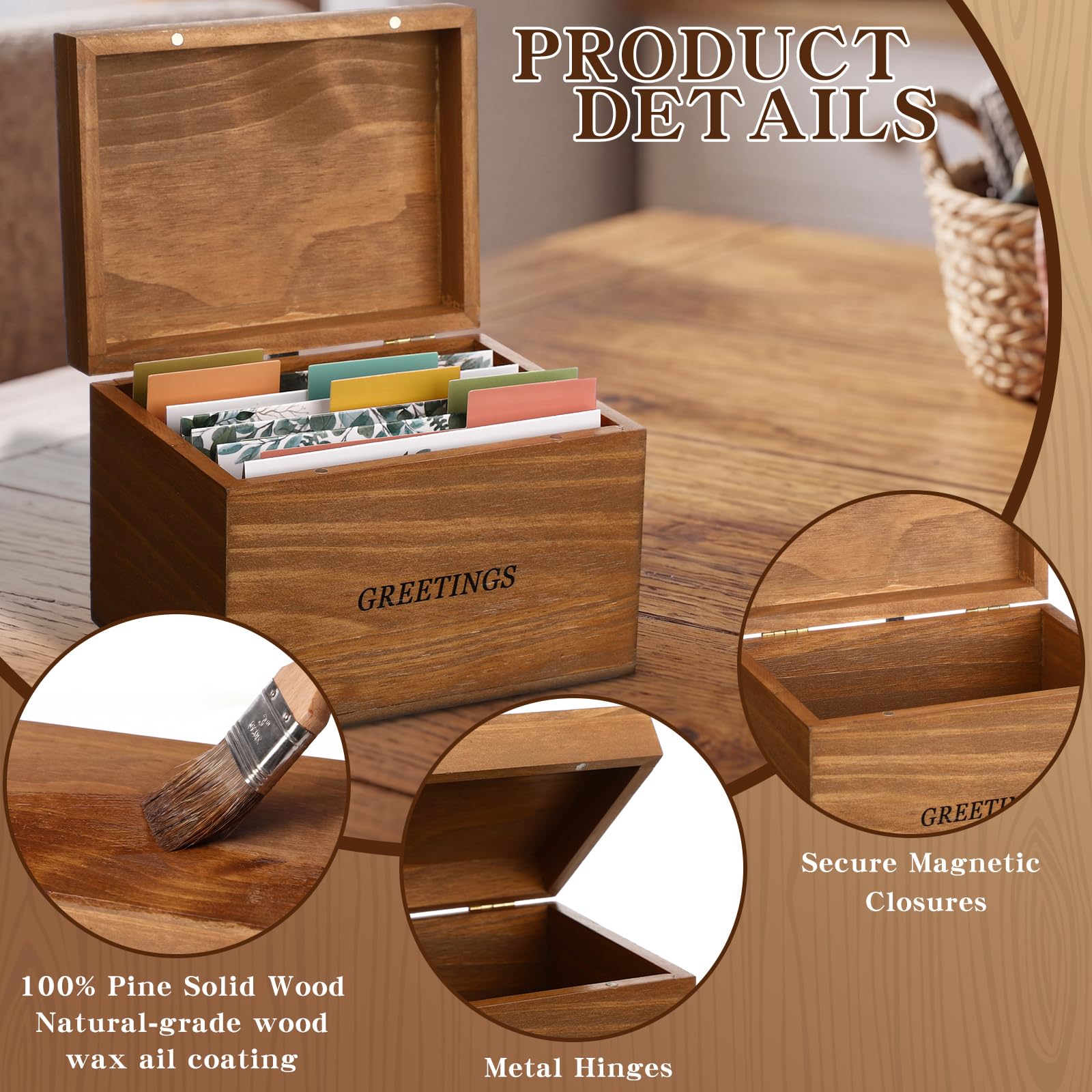 Novabright Grande scatola organizer in legno per biglietti di auguri, 17 x 13 cm, con 12 divisori, 6 biglietti di auguri, ricette, per cartoline, negozi di compleanno, fino a 300 ricette