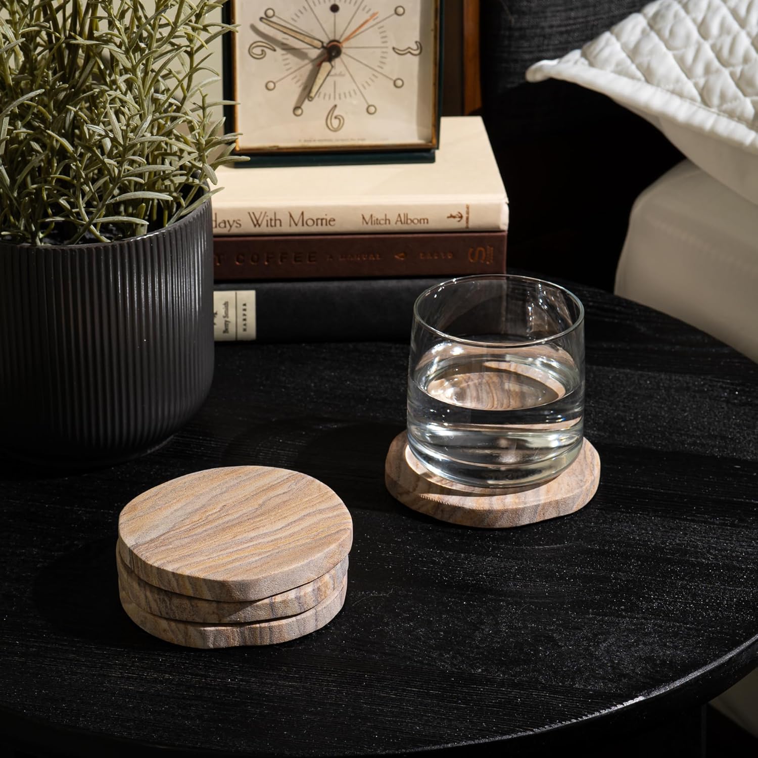Cork & Mill Absorbent Coasters Set of 6 - Water Absorbing Sandstone Coasters for Drinks - Perfect for Coffee Table, Office Desk, Outdoor, Bedroom Nightstand - 4" Round - Unique Irregular Edge Design - Image 5