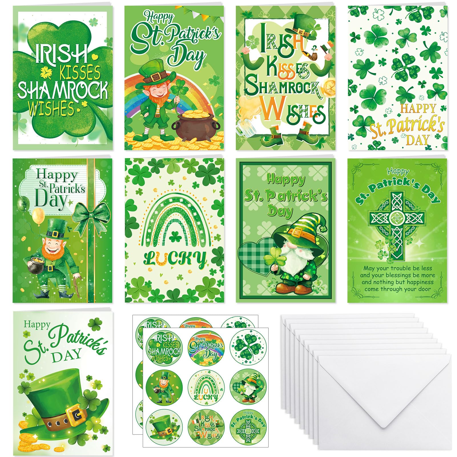 HOWAF 9 St Patricks Day Cards with Envelopes Stickers, Happy St.Patrick's Day Card