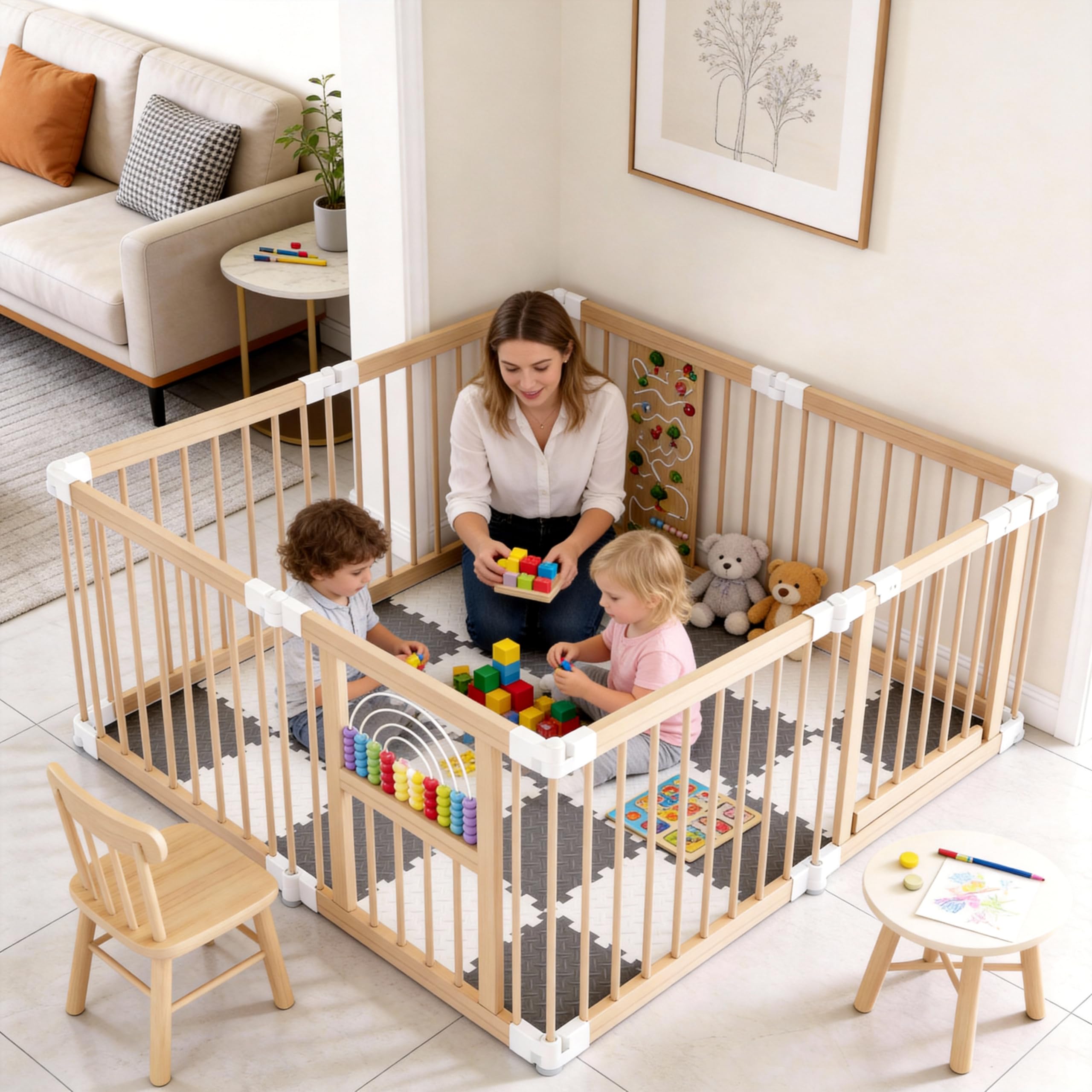 UISEBRT XXL Parc pour bébé en bois avec 2 centres de jeu, taille et forme ajustables, parc avec double sécurité, pliable, parc pour bébé avec 8 éléments, clôture de séparation pour bébés et jeunes