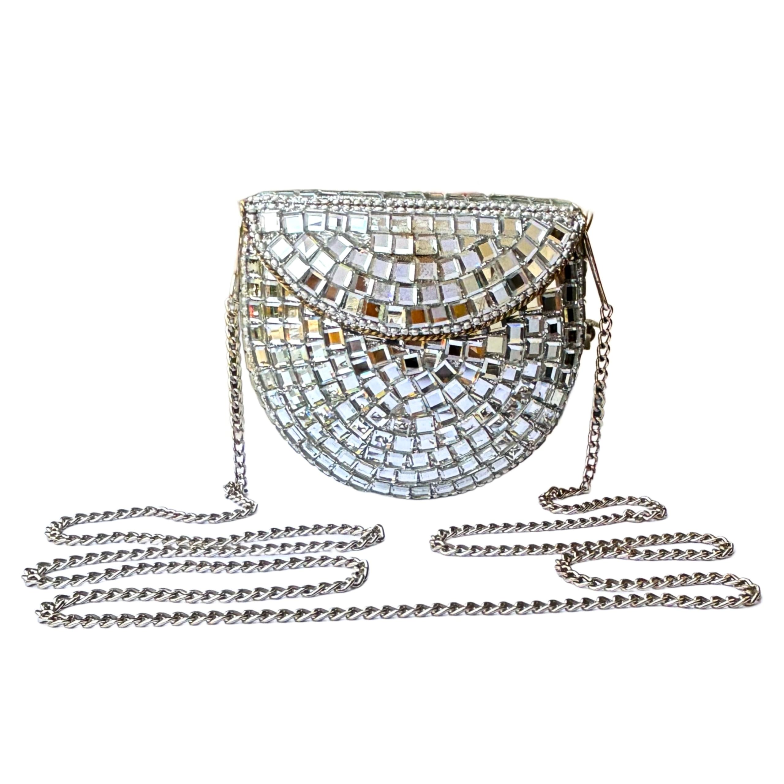 unfoldself Mini Mirror Bag | Handmade Mirror Clutch - Shoulder Sling for Women & Girls, White Embellishments on Metal | Chain Inner Bag Medium-picture-11