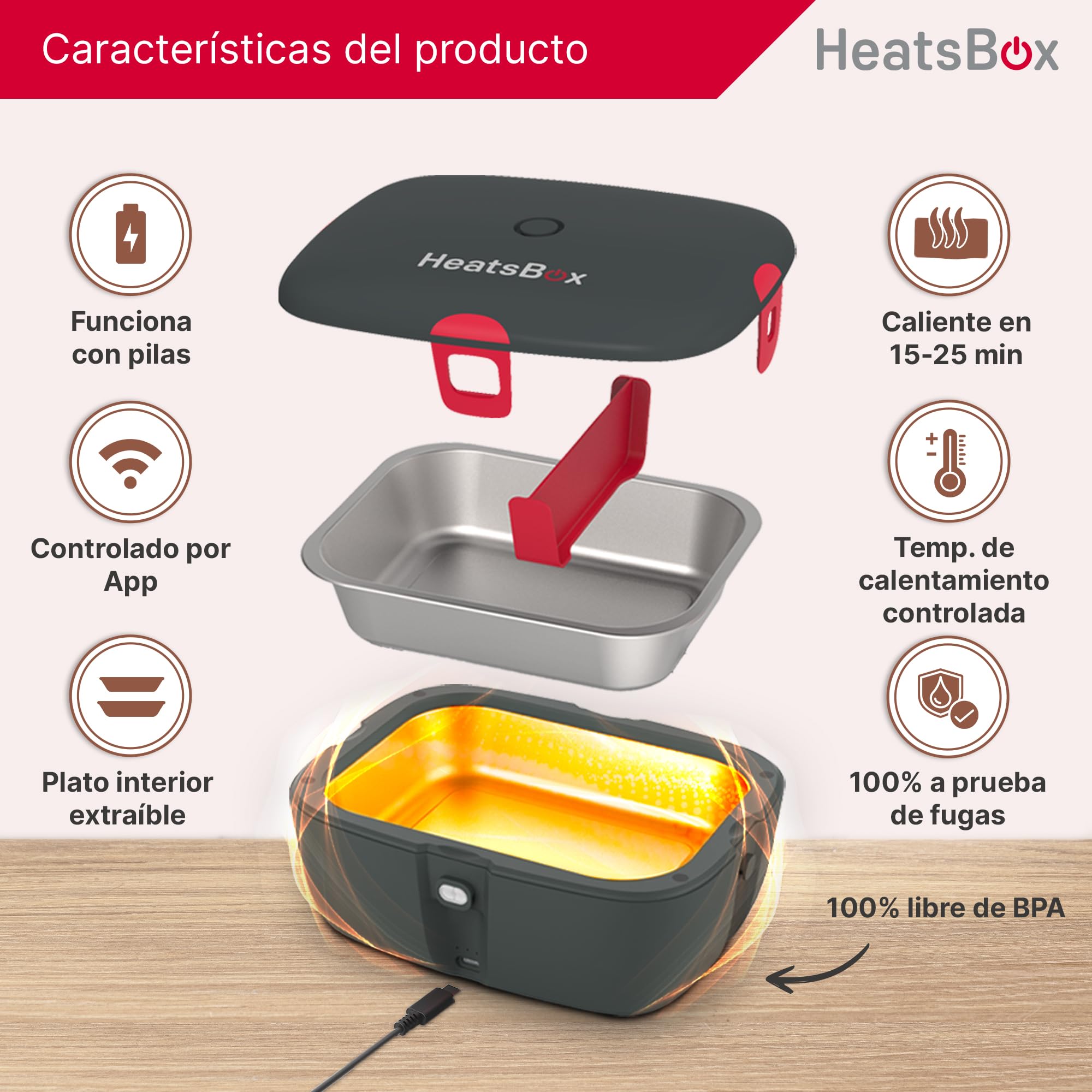 Faitron HeatsBox Go - Fiambrera Eléctrica para Calentar Alimentos sin BPA, Con Aplicación Controlable, Batería Integrada, Fiambrera Termica de Acero Inoxidable a Prueba de Fugas (925 ml), 100 W