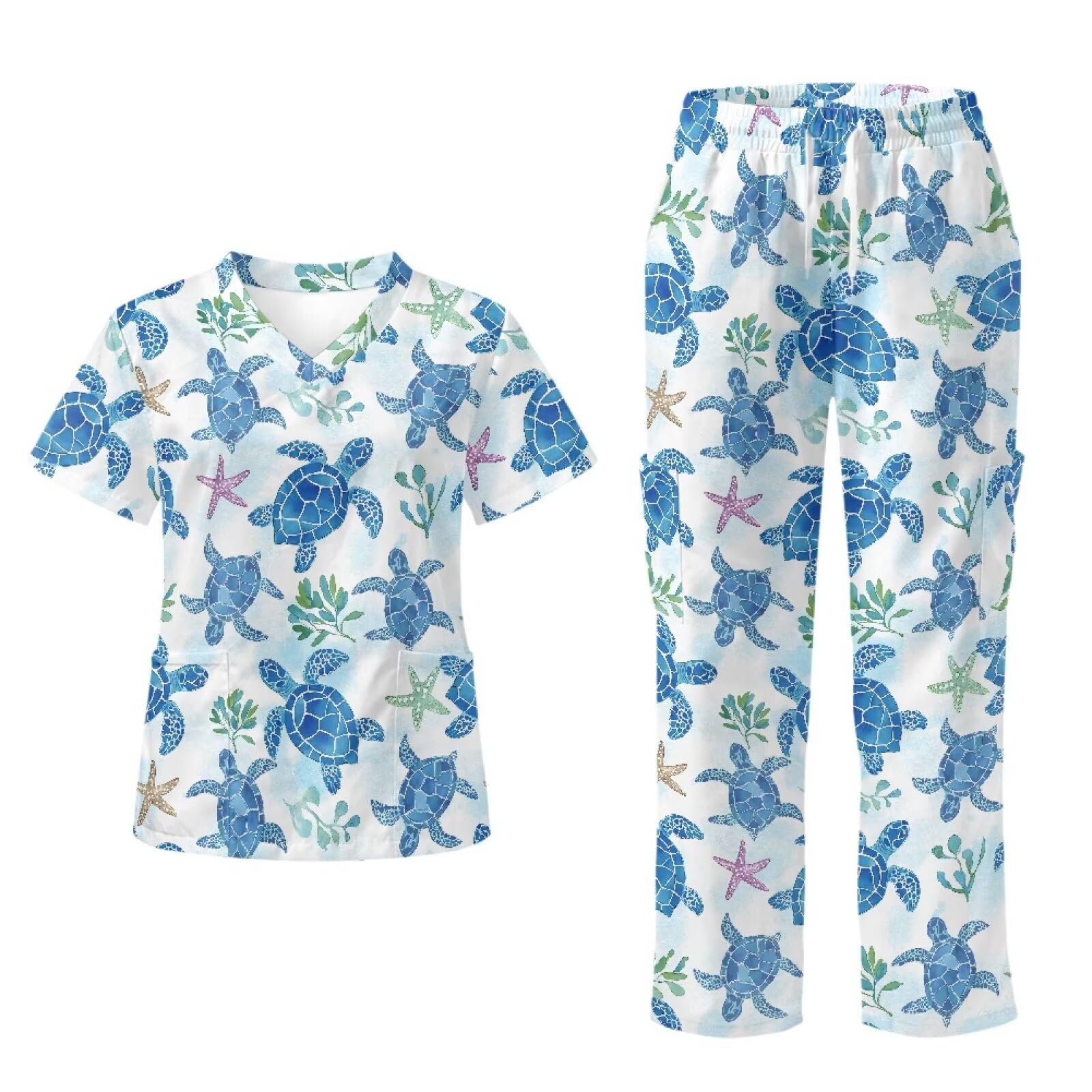 Sea Turtle - Conjunto de ropa quirúrgica para mujer, suave, de fácil cuidado, y pantalones altos con 6 bolsillos, ropa quirúrgica de talla grande para mujer, ropa de trabajo, color azul