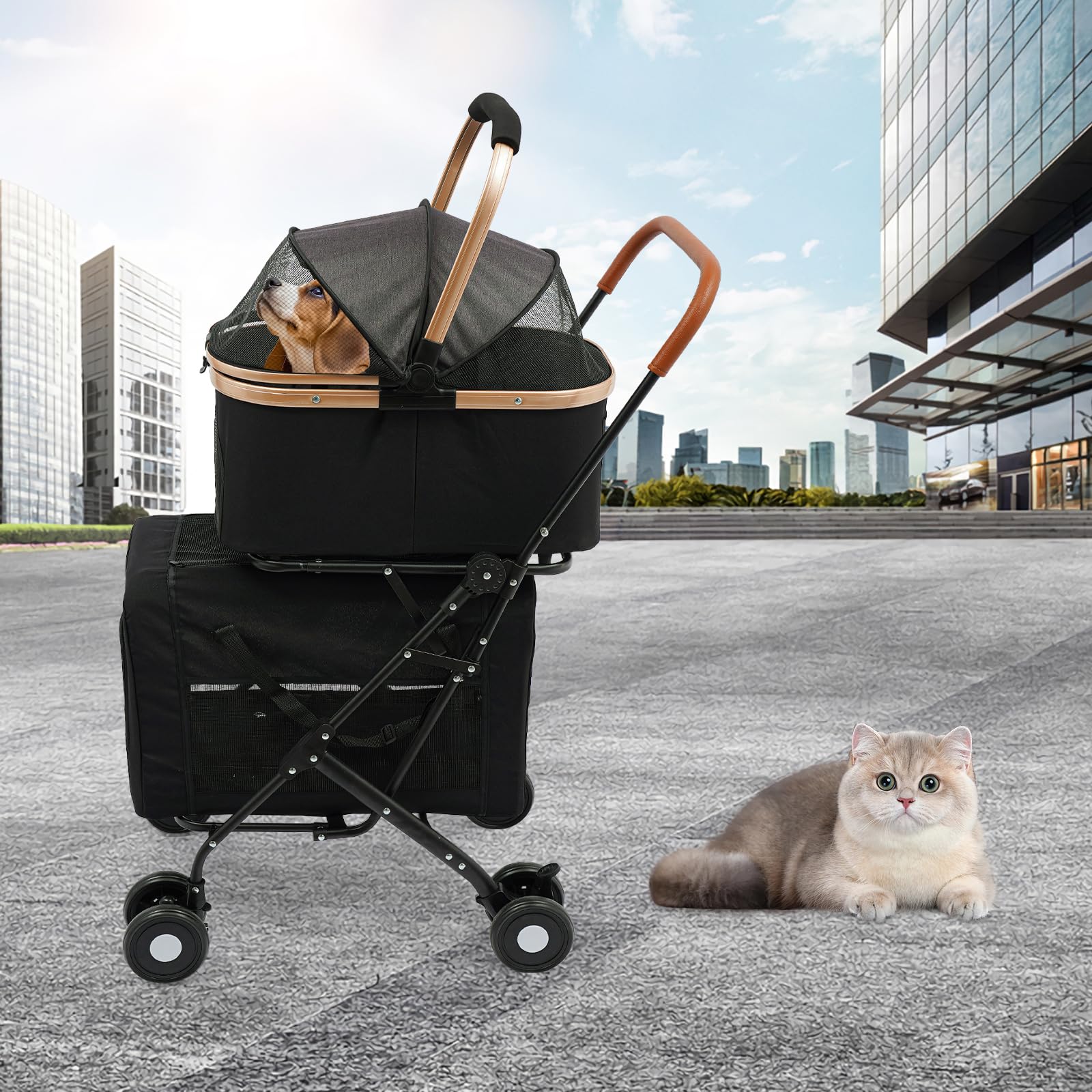 Dwupoziomowy wózek dla psów, składany wózek transportowy z dwiema torbami transportowymi dla małych, średnich zwierząt, psów, kotów, do 35 kg, bezpieczny transport w podróży (czarny)