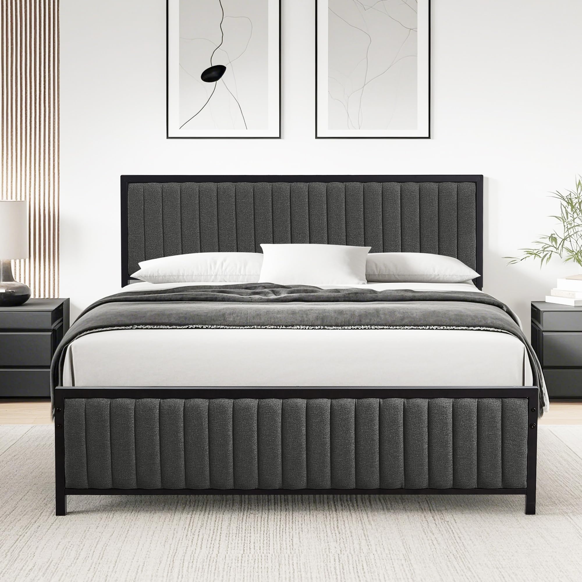 VECELO Double Bed Frame with Upholstered Linen Headboard