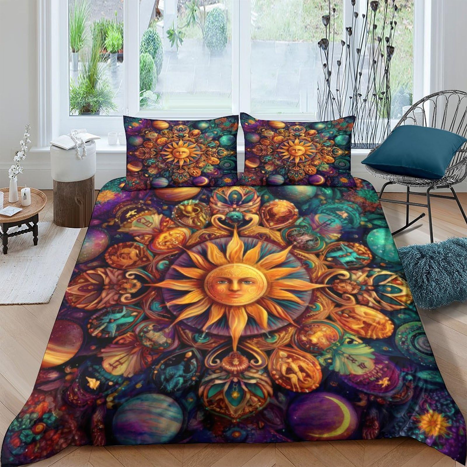 Ctjqhvkz Style-2 3D Printed Sun Mandala Fitted Sheet Microfiber Colourful Celestial Mattress Cover Bedroom Dorm Decorative Bedding Single（135X200cm）