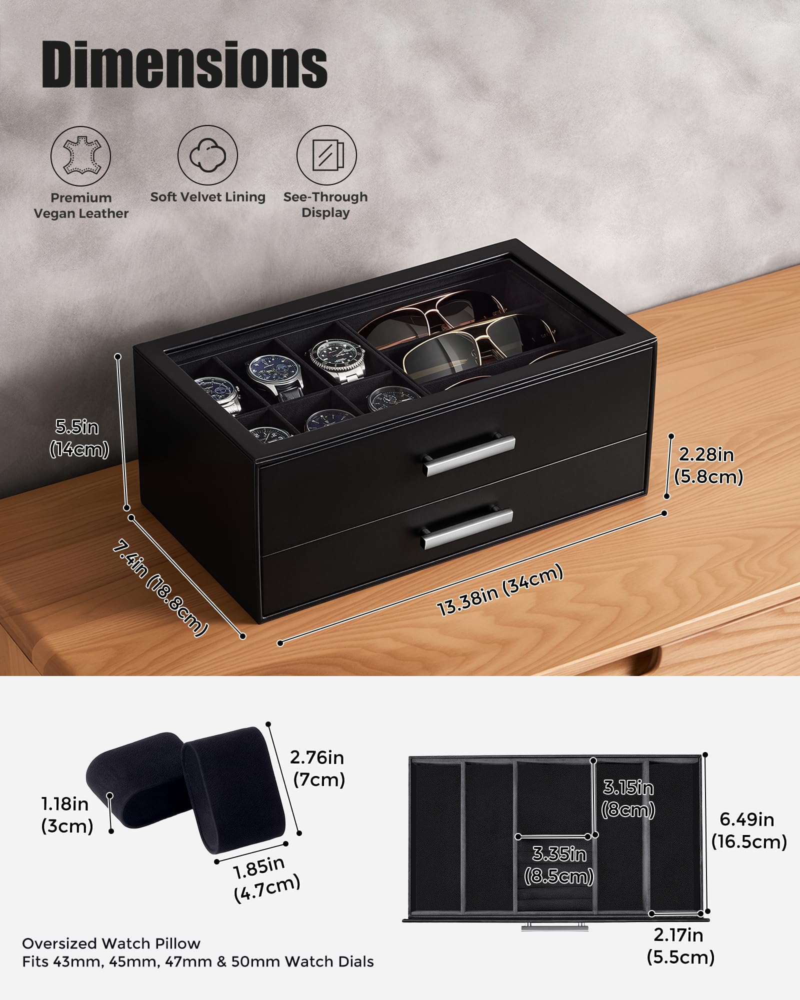 ProCase Caja para Relojes, Estuche para Relojes, Organizador de Joyas para Hombre, Almacenamiento de Joyas con Tapa de Cristal Transparente, 2 Niveles, Almacenamiento para Relojes, Gafas -Negro