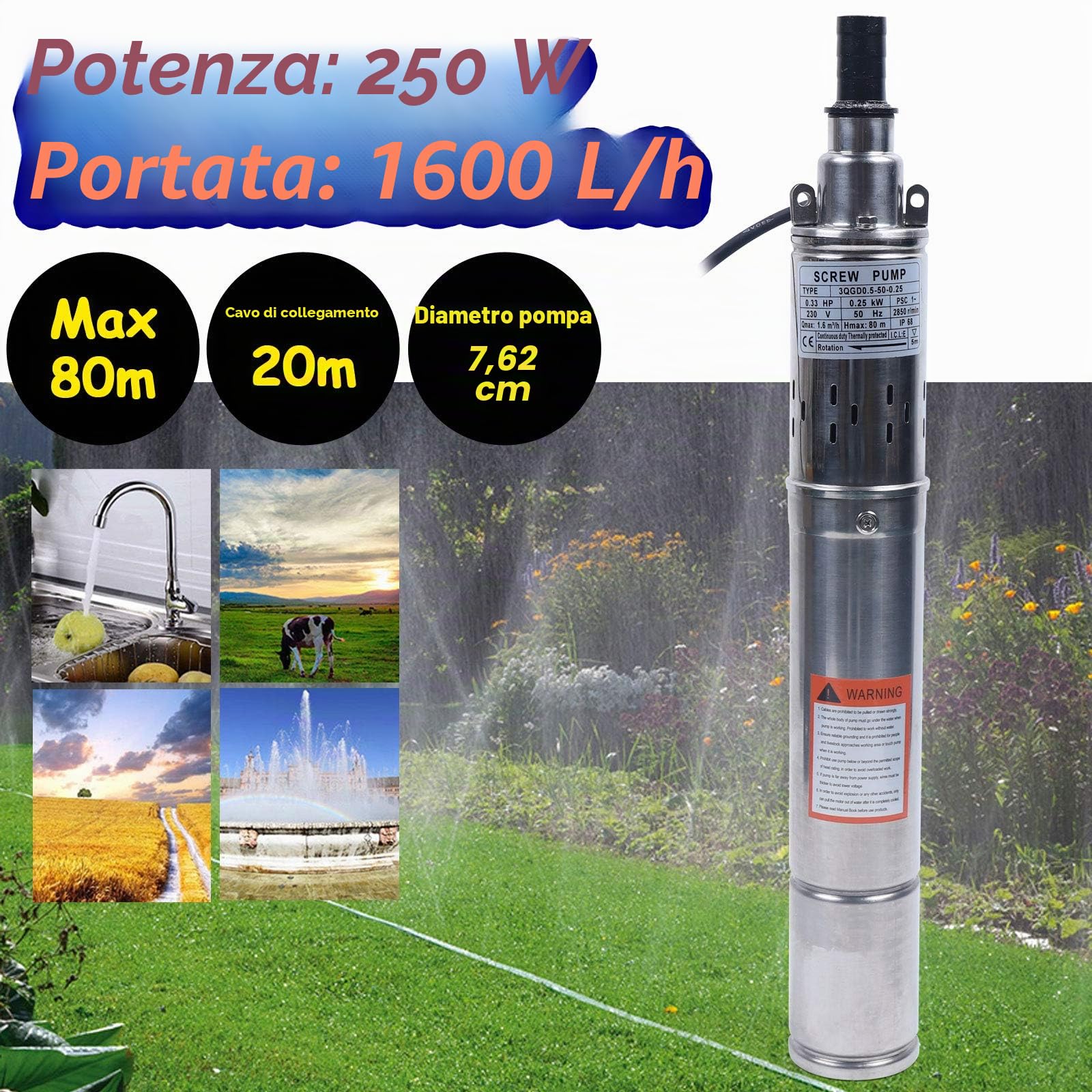 Pompa per pozzi profondi, 250 W, 3 pollici, acciaio inox, 1600 l/h, altezza di mandata 80 m