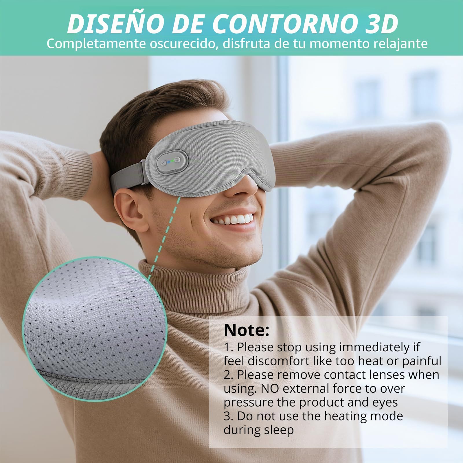 VINTEAM Máscara de Ojos Calentada 3D Mascarilla de Ojos con 3 Niveles de Calor, Temporizador de 3 Modos Máscara Ocular Térmica Recargable con 1200mAh Batería Alivia Fatiga Ocular para Hombre Mujer