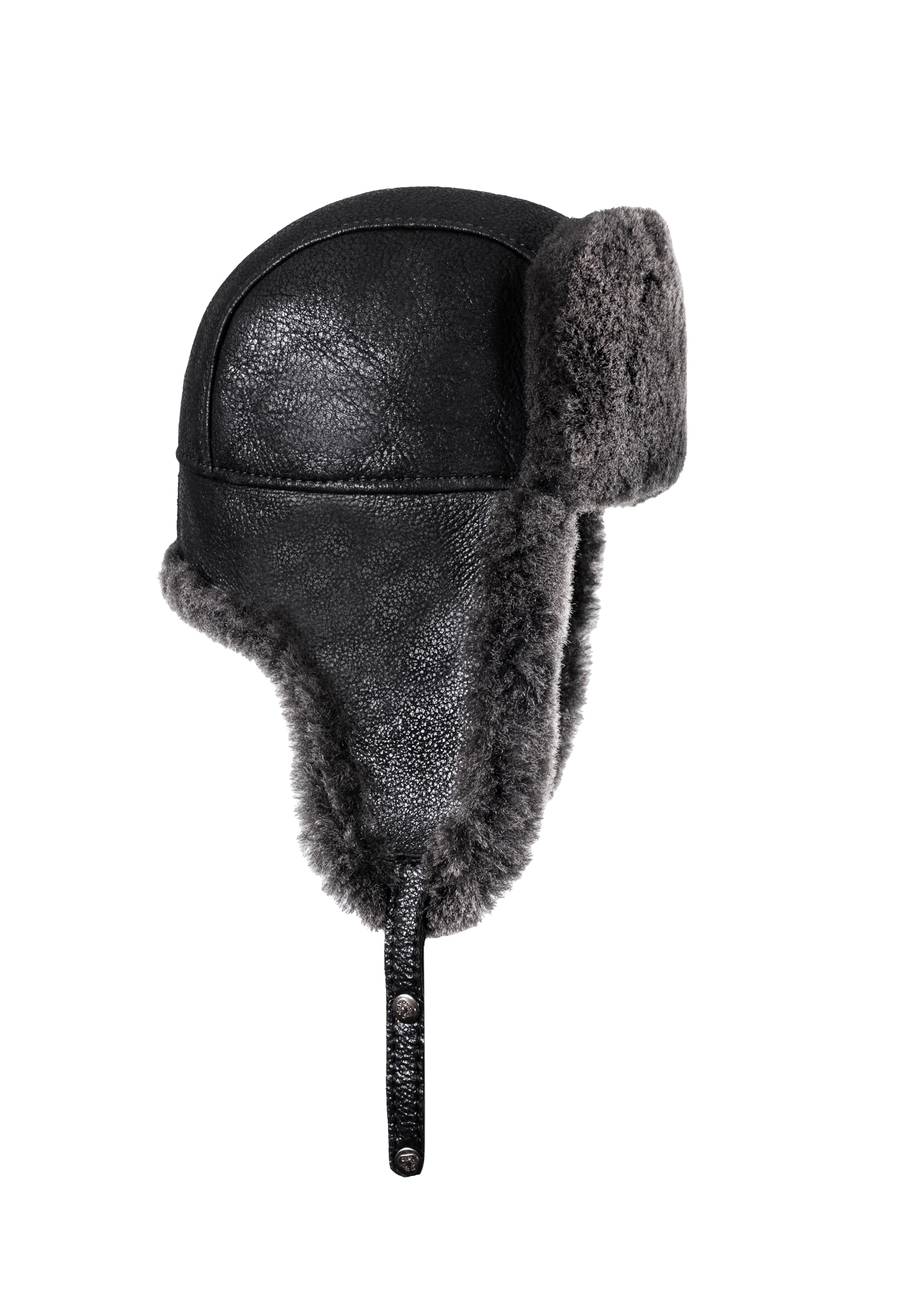 METELLINO Unisex Genuine Sheepskin Leather Russian Ushanka Winter Fur Hat, Waterproof Cap (Black Marl, Large)