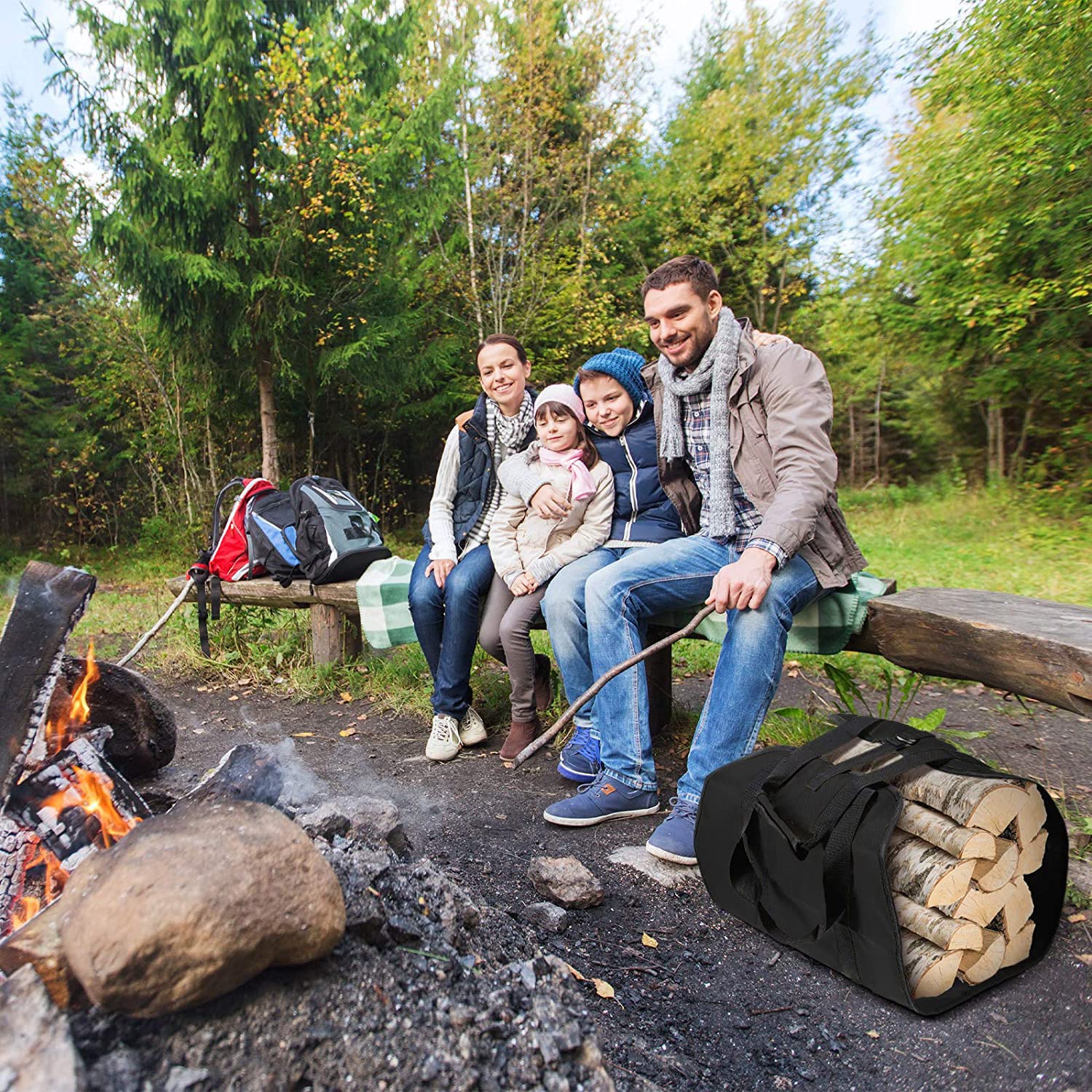 ZONSUSE Bolsa de Transporte para Leña de Lona, Bolsas de leña para Chimenea, Bolsa de Leña Almacenamiento Plegable, Accesorios para Estufa, para Interior y Exterior, Camping, Playa, Hoguera (Negro)
