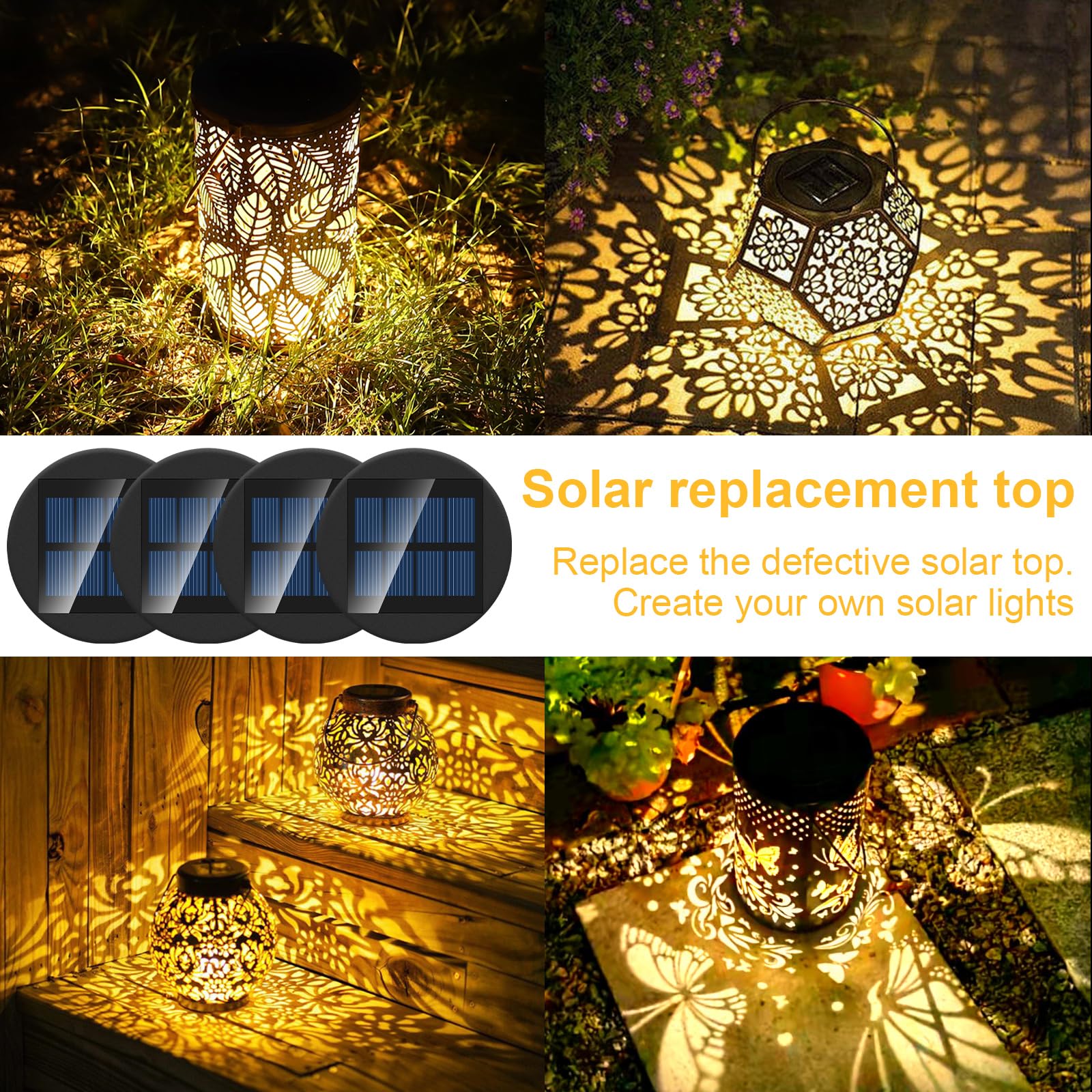 Zestaw 4 lamp solarnych, części zamienne, 8 cm, górna część z jasnymi żarówkami LED, wodoszczelność IP65, panel słoneczny, zamiennik modułu solarnego do lamp ogrodowych, solarnych (4)