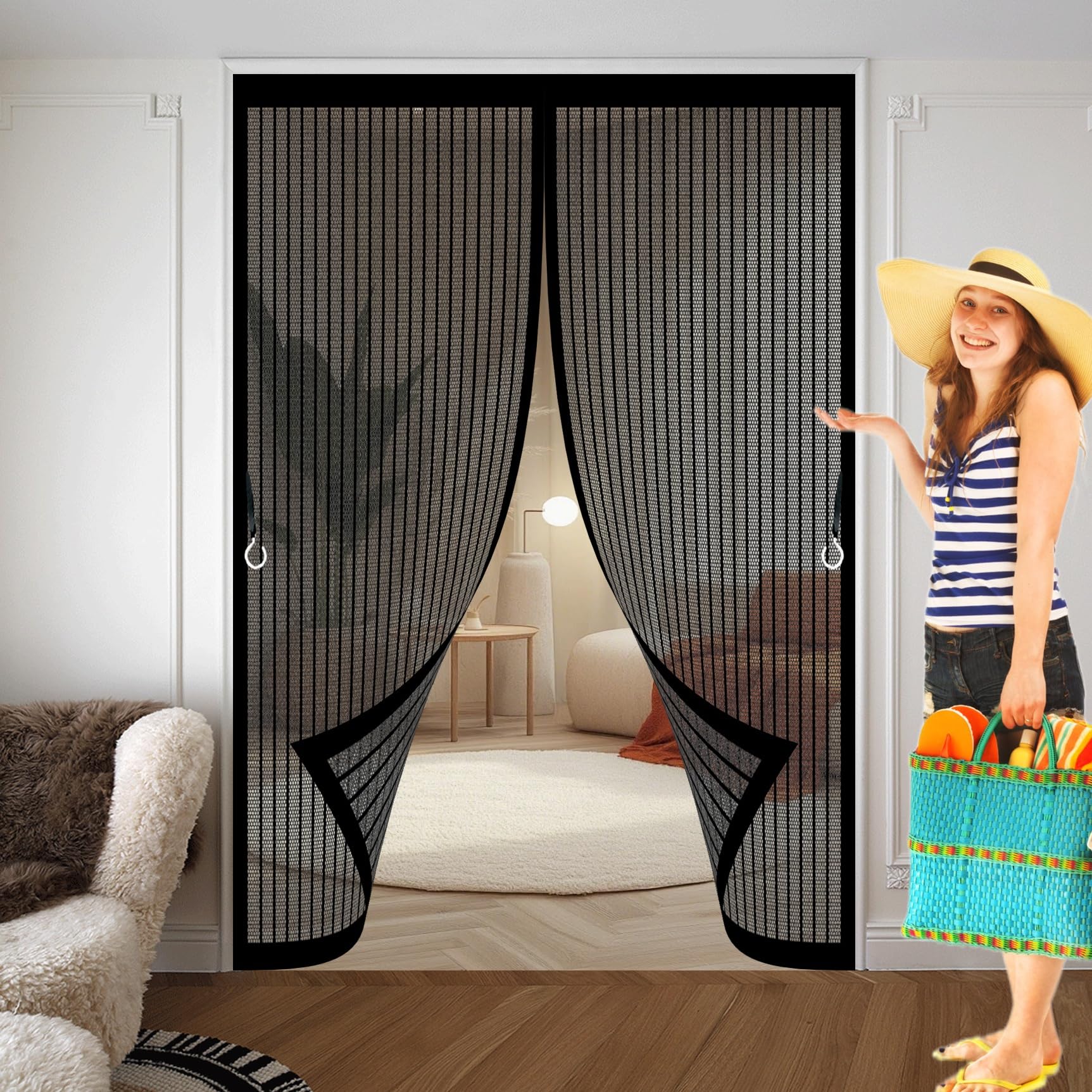 Xueqxue Black Magnetic Fly Screen Door 100 X 110 Cm With Powerful Magnets & Full Frame Magic Tape, Keep Bugs Out & Lets Fresh Air In Magnetic Screen Fly Doors For Patio Doors Bedroom,