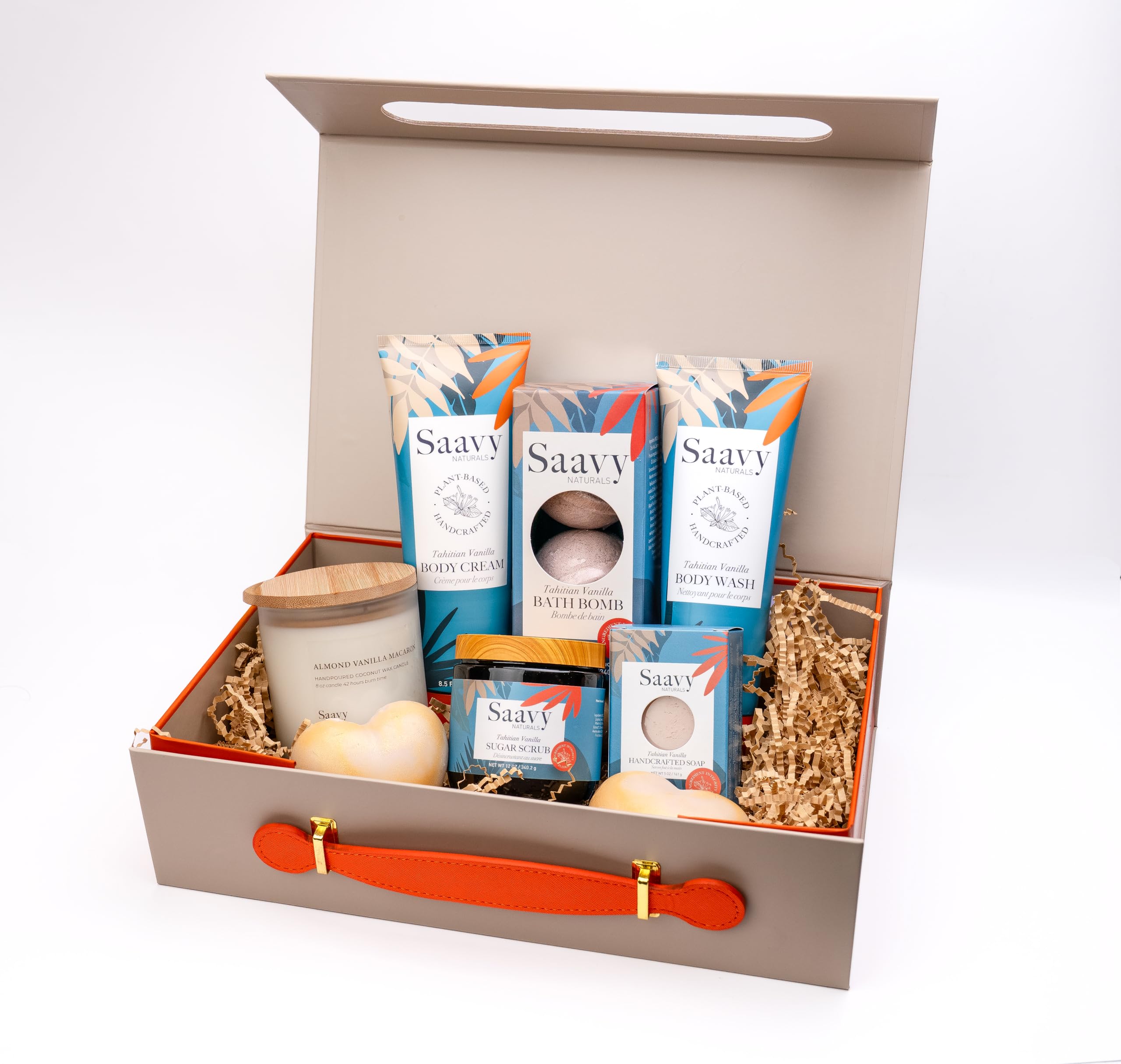 Saavy Naturals Spa Gift Basket | 5-pcs Spa Kit includes Body Wash, Body Cream, Sugar Scrub, Bar Soap, Bath Bomb | Self Care Spa Gift Set For Women, Tahitian Vanilla-image-44