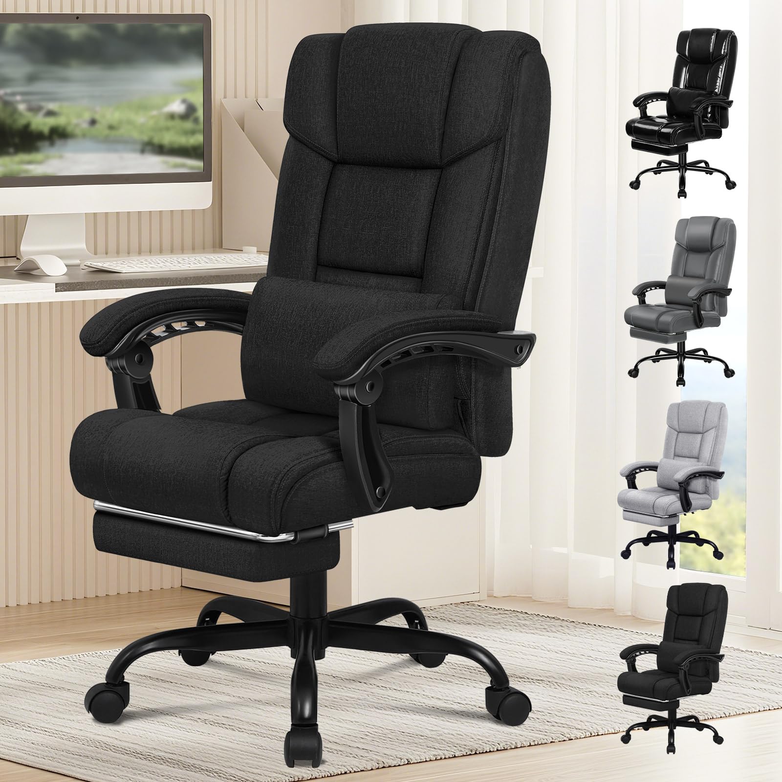 Executive Office Chair with Adjustable Lumbar Support, Computer Desk Chairs with Armrest Footrest, High Back 150° Recliner Tilting 360° Swivel, Loads 180KG, Fabric, Black