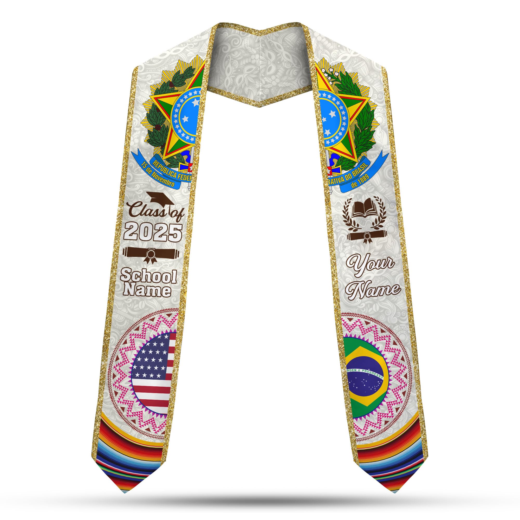 MonkeyVan Brazil Graduation Stole Custom Brazil American Flag Graduation Sash Brazilian Flag Graduation Stole Class of 2025 Bz1