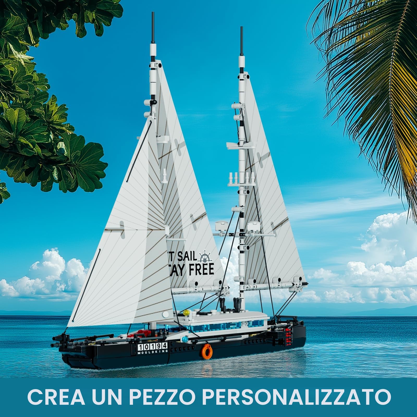 Mould King 10194 Blocchi di costruzione nave a vela con vela in tessuto, grande Ketch, nave giocattolo, modello barca a vela, compatibile con altre marche (893 pezzi)