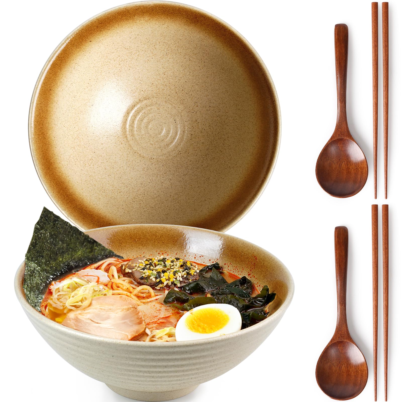 NUTRIUPS 8 Inch Ceramic Ramen Bowl Set of 2 Pho Bowls Japanese Noodle Udon Soup Bowls with Spoons and Chopsticks (Wheat Gold)
