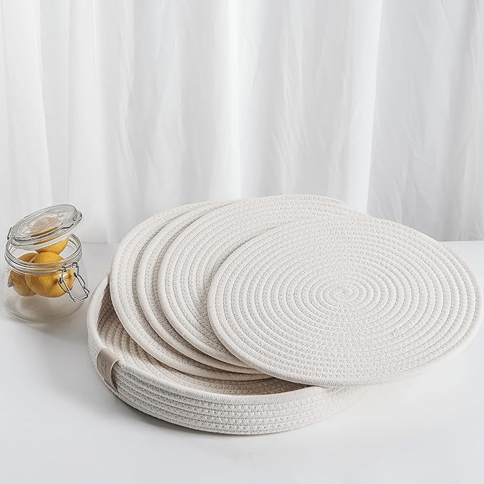Art PineCone's Woven Cotton Rope Round Placemats Set of 4 with Holder Included, Non-Slip and Heat Resistant for Your Perfect Table Decor!(13“ Off White)