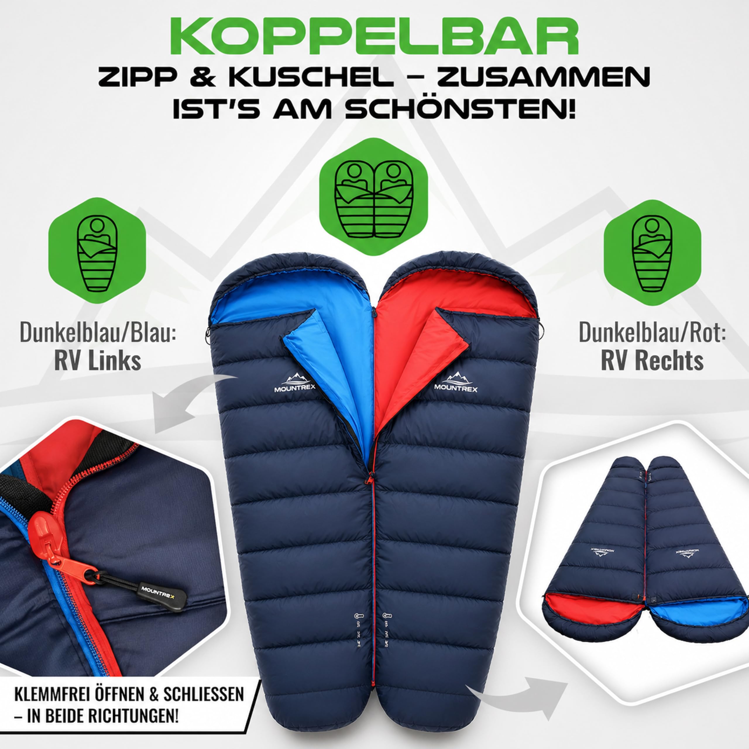MOUNTREX Śpiwór zimowy i letni – mały rozmiar po spakowaniu i ultralekki (760 g/1500 g) – outdoorowy śpiwór na kemping