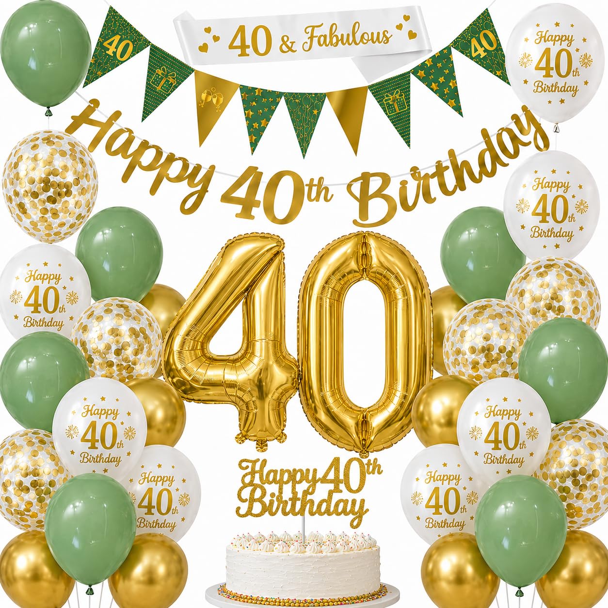 Omrel Green & Gold 40th Birthday Decoration for Women - Happy 40th Birthday Banner, Triangle Flag Banner, Number 40th Birthday Balloons for Party Decorations