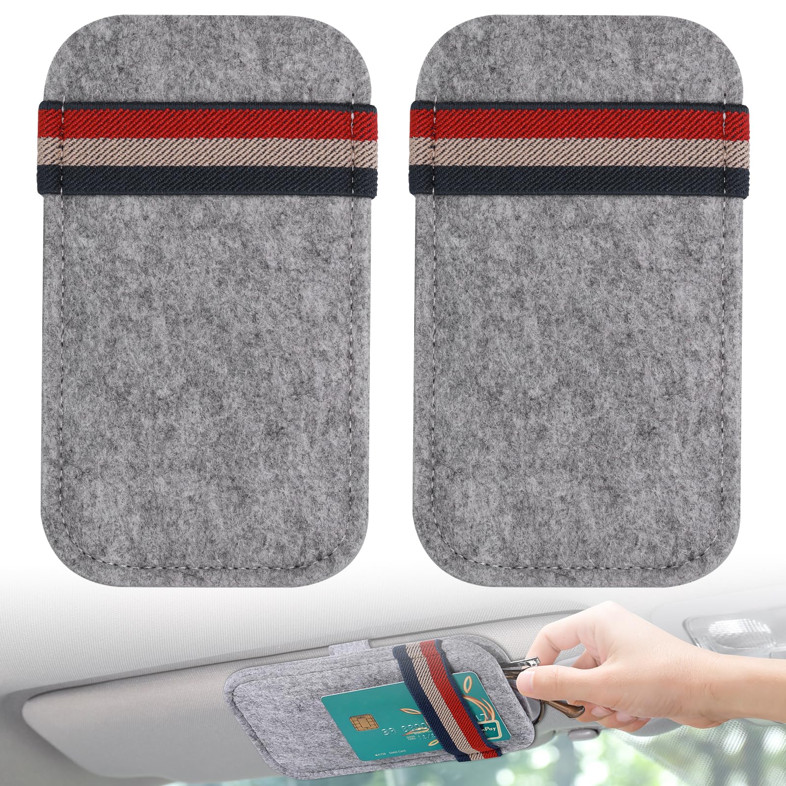 JIZZU Gafas de Sol Caja para Coche, 2 Piezas Bolsa de Fieltro para Gafas de Coche, Clip Universal para Billetes, Accesorios de Visera de Coche para Hombres y Mujeres, Gris
