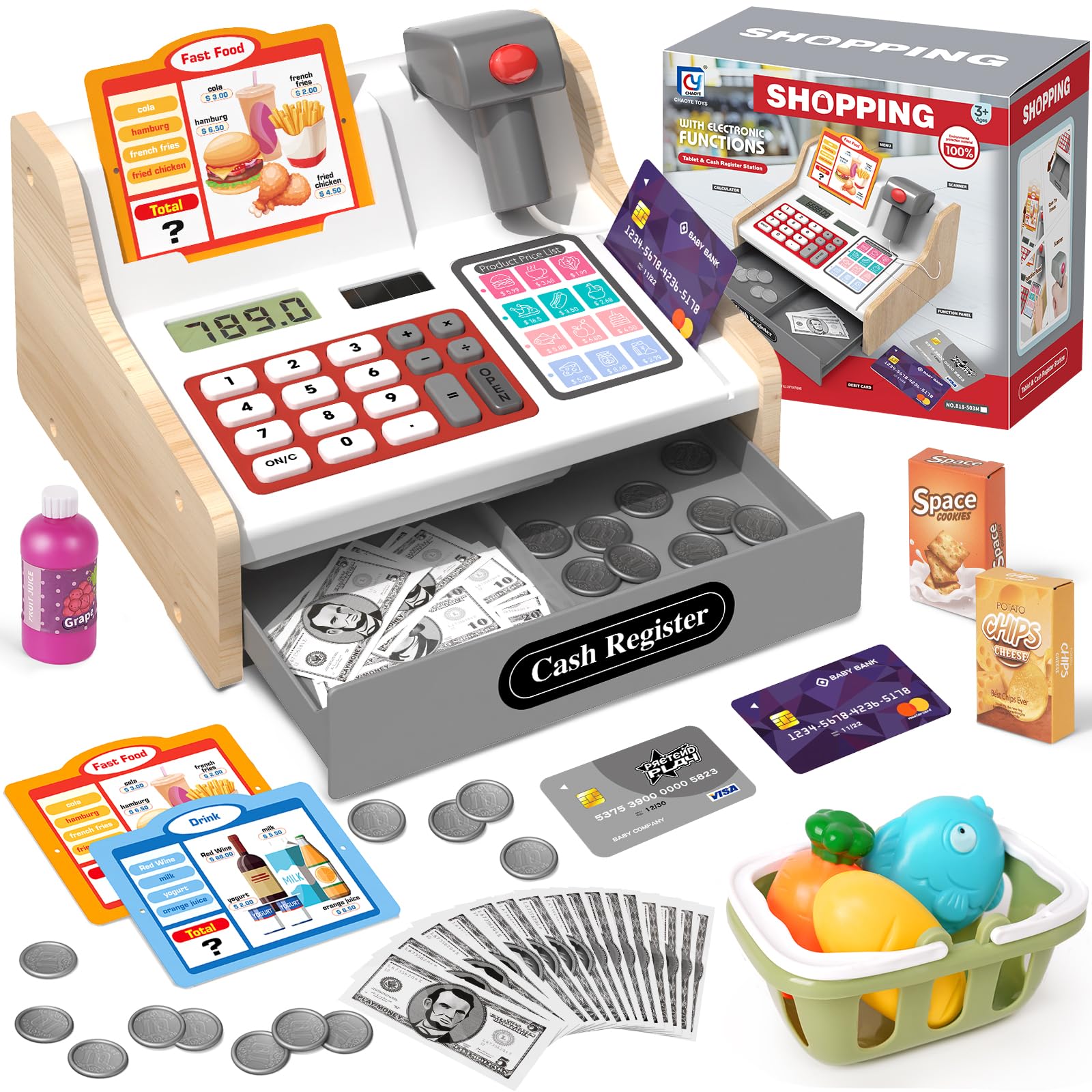 2025 Wooden Cash Register with Scanner Calculator Till Toy for Kids Ages 3+, Pretend Play Shop Toys Educational Gifts for Toddlers 3 Year Old Girls Boys, White & Grey