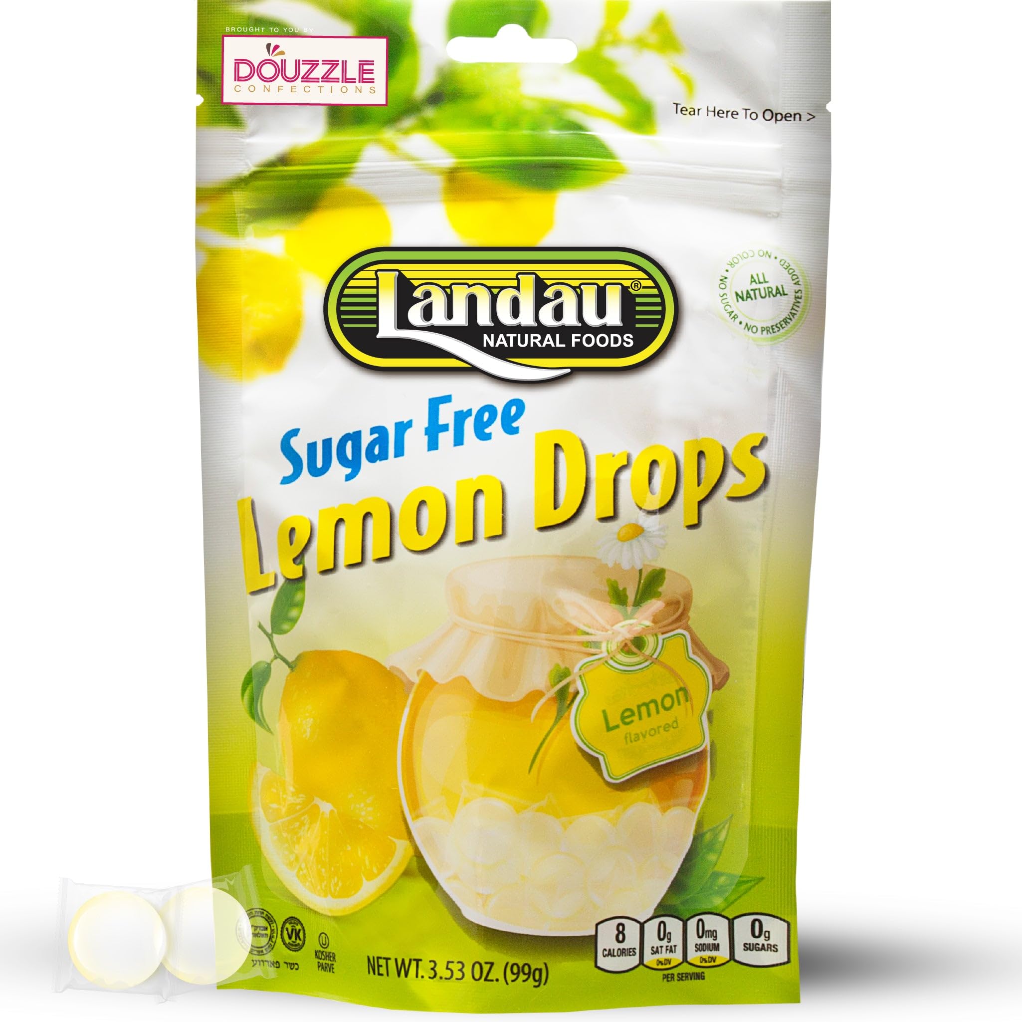 DOUzzle Sugar Free Lemon Hard Candy Drops, Dye Free (1 Pack) Individually Wrapped - Healthy Low Calorie Snack, Gluten Free, All Natural, No