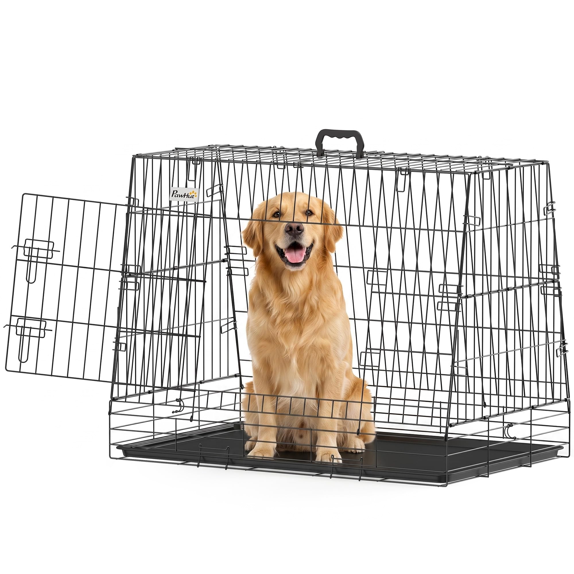 PawHut 35"(90 cm) Car Dog Crate, Medium Large Collapsible Slanted Travel Dog Cage with Tray & Handle, Heavy Duty Wire Pet Carrier for Transport, Car Boot, Pet Training, 90L x 58W x 69H cm