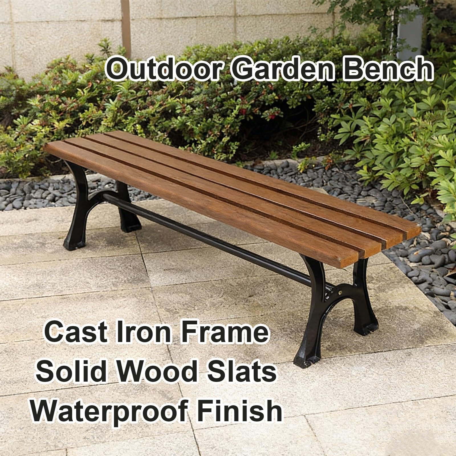 Banco Jardin Exterior Impermeable con Estructura de Madera Maciza y Hierro Fundido, Capacidad de Carga 380 Kg, Ideal para Parques(Beige,180x43x39cm/71x17x15in)